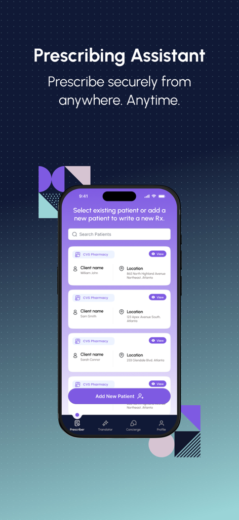 DocUpdate - Écran de l'application mobile DocUpdate montrant l'assistant de prescription avec une liste de patients et d'emplacements de pharmacies