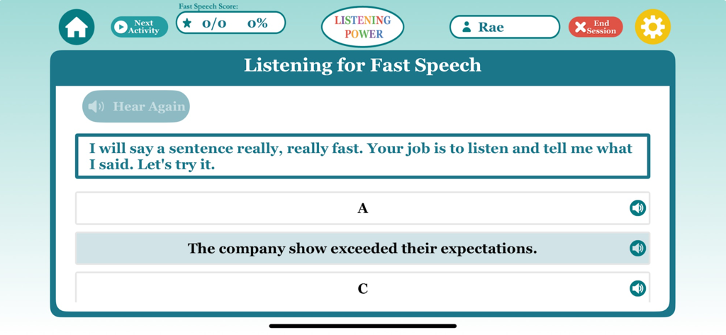 Screenshot of the Listening for Fast Speech activity in the Listening Power Advanced app showing a sentence and multiple-choice answers