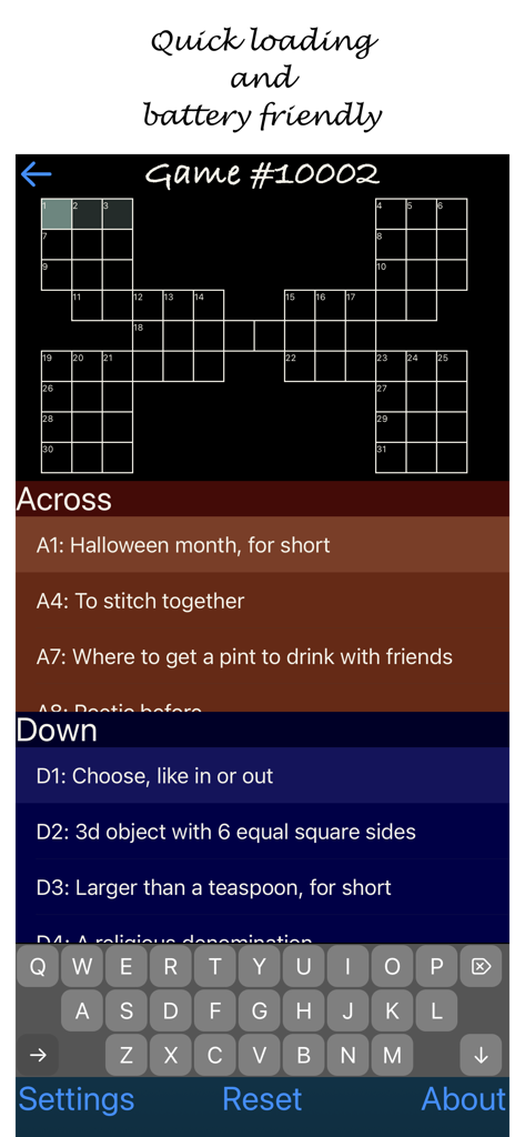 A crossword puzzle grid and clue list in the Solo Cross mobile app