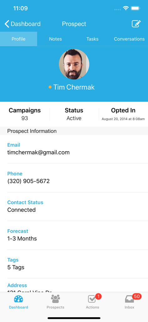Platform Marketing - A detailed view of a prospect profile within the Platform Marketing app showing contact info, status, and engagement metrics.
