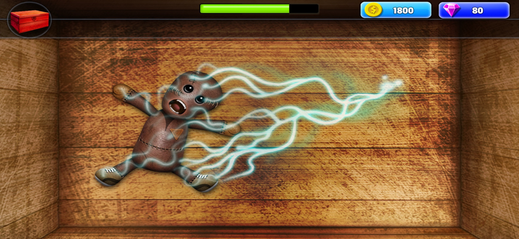 Smash The Ragdoll - Kill Dude - A brown ragdoll character being shocked by blue lightning bolts in a wooden box