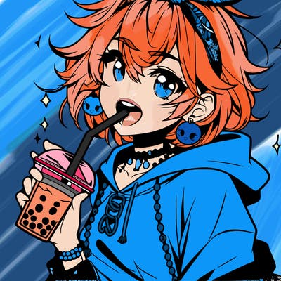 hot baddie anime girl drinking boba and biting the straw