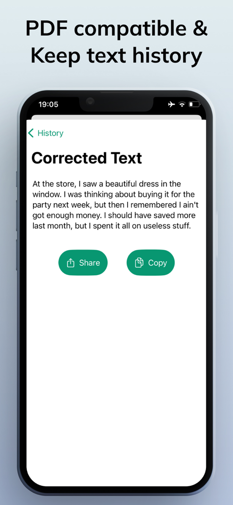 Interface de l'application Correcteur Grammatical montrant un historique de texte corrigé avec des options de partage et de copie
