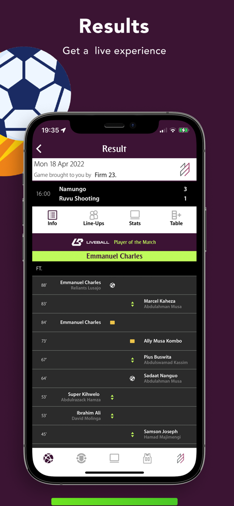 LiveBall - LiveBall app showing Tanzania Premier League match results and a detailed game timeline