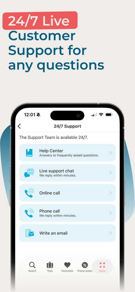 ZenHotels app screen showing 24/7 customer support options including chat and phone calls