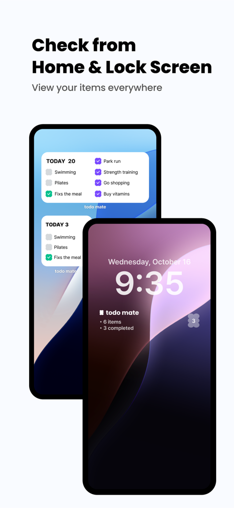 todo mateのホーム画面とロック画面のウィジェットでタスク追跡とルーティンを表示する2台のiPhone。