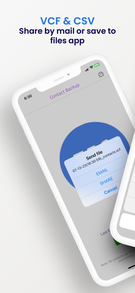 Interfaz de la aplicación móvil que muestra opciones para compartir o enviar por correo electrónico un archivo de copia de seguridad de contactos VCF