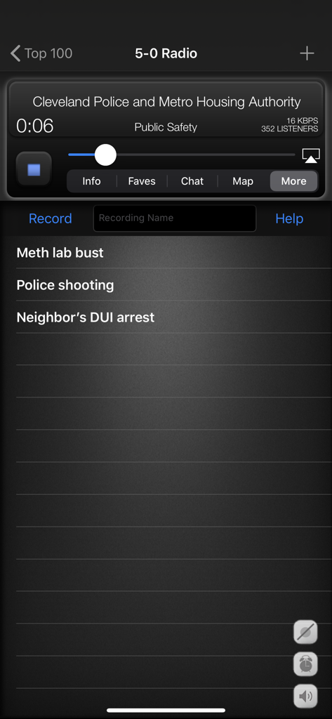 Recording screen of the 5-0 Radio Pro Police Scanner app featuring a Cleveland police feed and a list of recorded incident clips