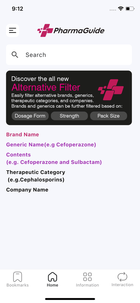 PharmaGuide - PharmaGuide medical app home screen with search bar and clinical drug filters