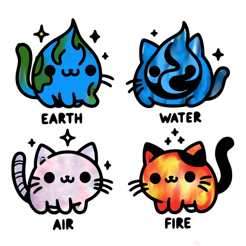 4 cats that represent the different elements, earth, water, air, and fire