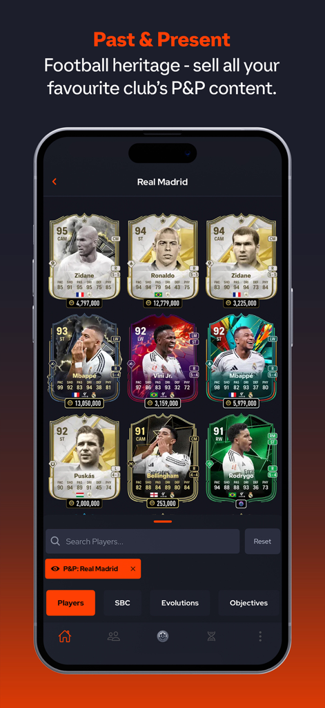 FUT.GG - FC 26 Evos & Prices - FUT.GG app display of Real Madrid past and present player cards and market prices.