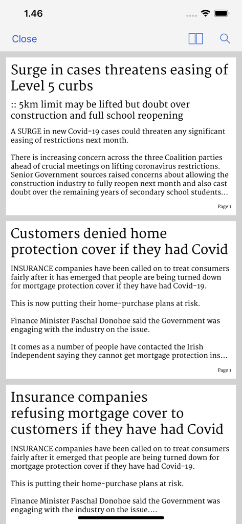 Irish Independent ePapers - A text based view of news headlines and article summaries within the Irish Independent ePapers app