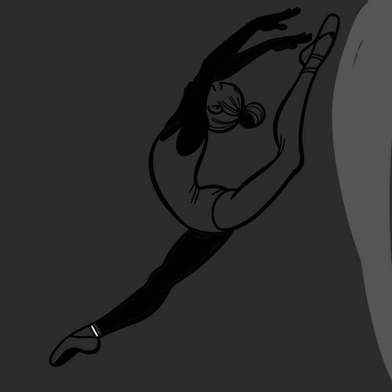 gymnast doing a leap in a leotard with a bent back leg
