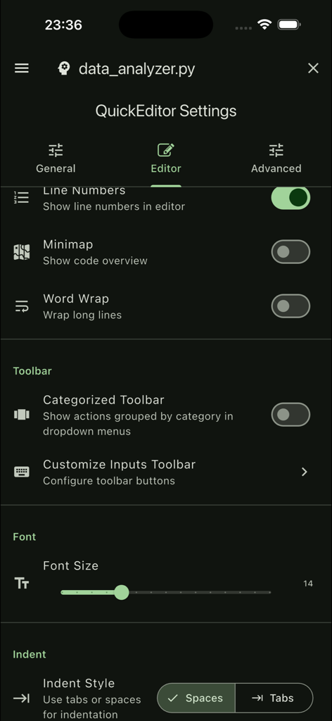 QuickEditor app settings screen showing customization options for line numbers font size and indentation style