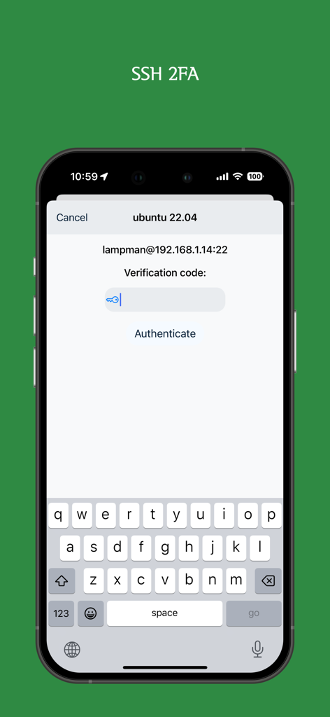 Xany app interface showing an SSH two-factor authentication screen for a remote Ubuntu server