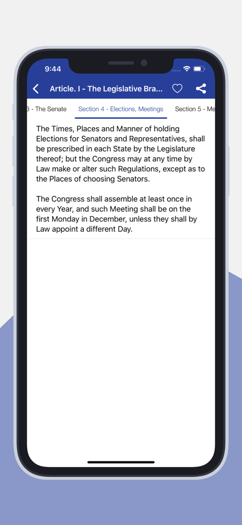 USA constitution App - Screenshot of the USA Constitution app showing Article I Section 4 regarding Legislative Branch elections and meetings.