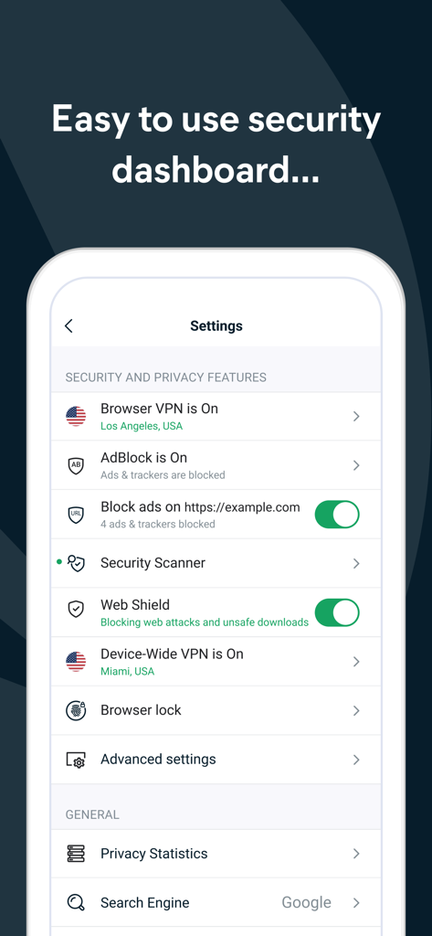Panel de seguridad de Avast Secure Browser mostrando la configuración de VPN y AdBlock