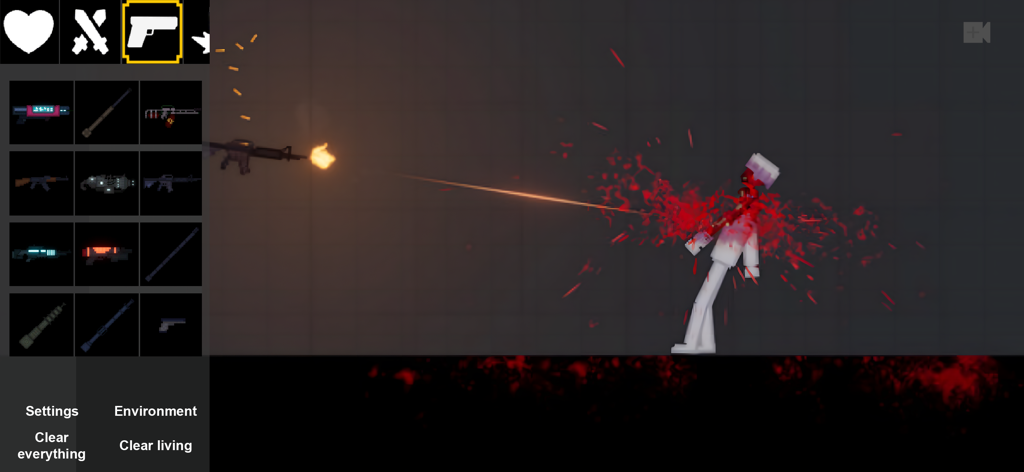 Un personaje de muñeco de trapo siendo disparado por un rifle en el sandbox de física People Playground.