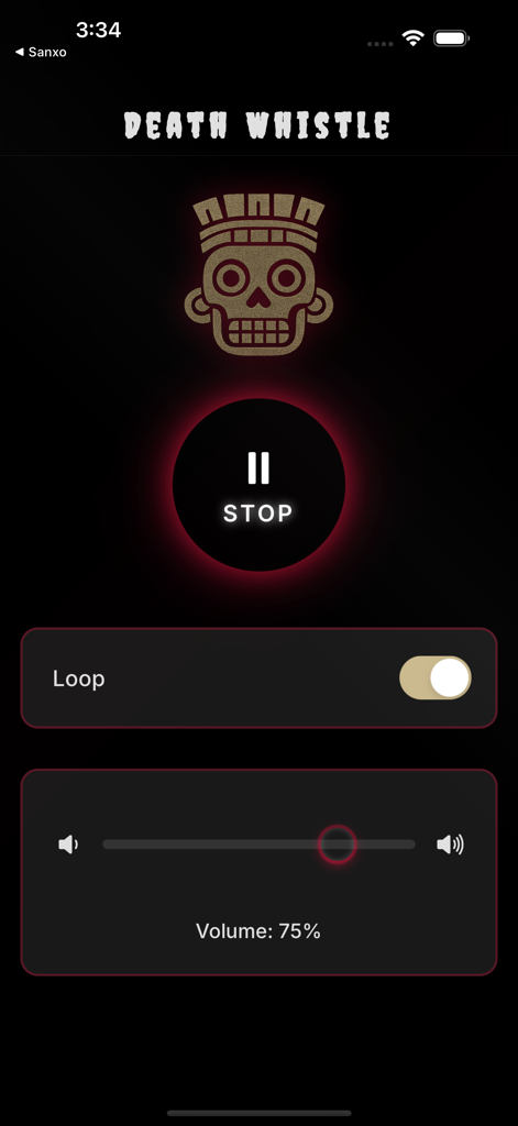 Death Whistle - デスホイッスルアプリのインターフェイス、クリアハイコンと音回り御理を表示しています。