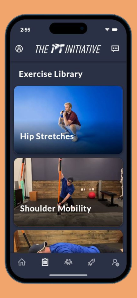 Interface of the PT Initiative app showing an exercise library with video categories for hip stretches and shoulder mobility