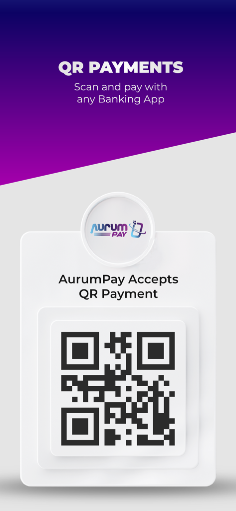 AurumPay - Captura de tela promocional do aplicativo AurumPay destacando seu recurso de pagamento QR