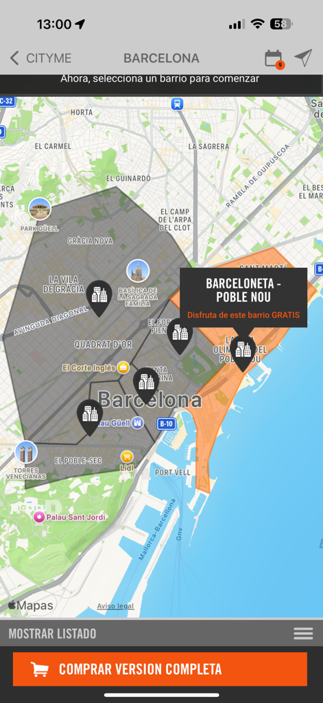 CityMe AI - CityMe AI app interface displaying an interactive map of Barcelona neighborhoods