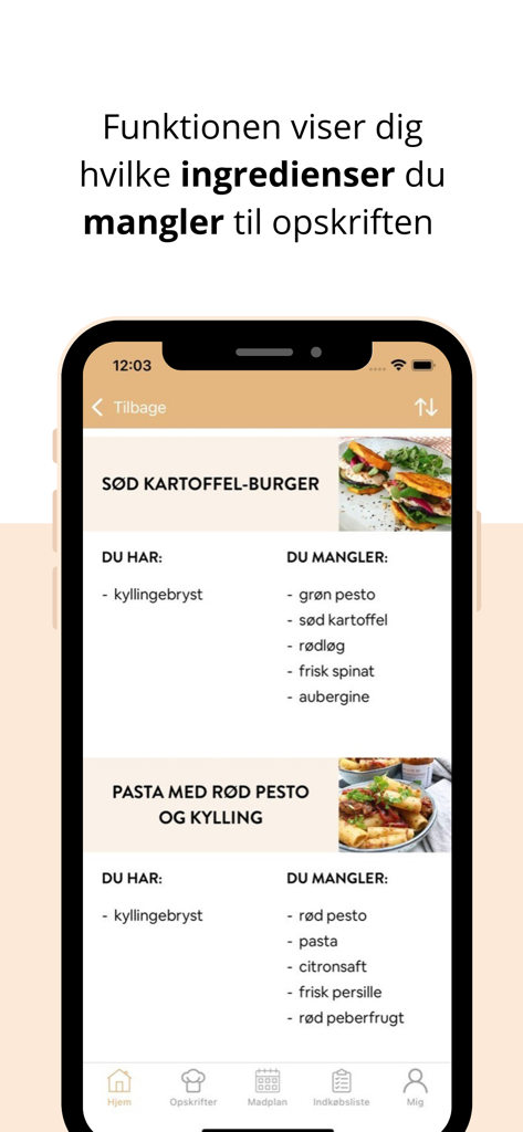 Mummum - A mobile screen showing the Mummum app comparing available ingredients with those needed for specific recipes like a sweet potato burger.