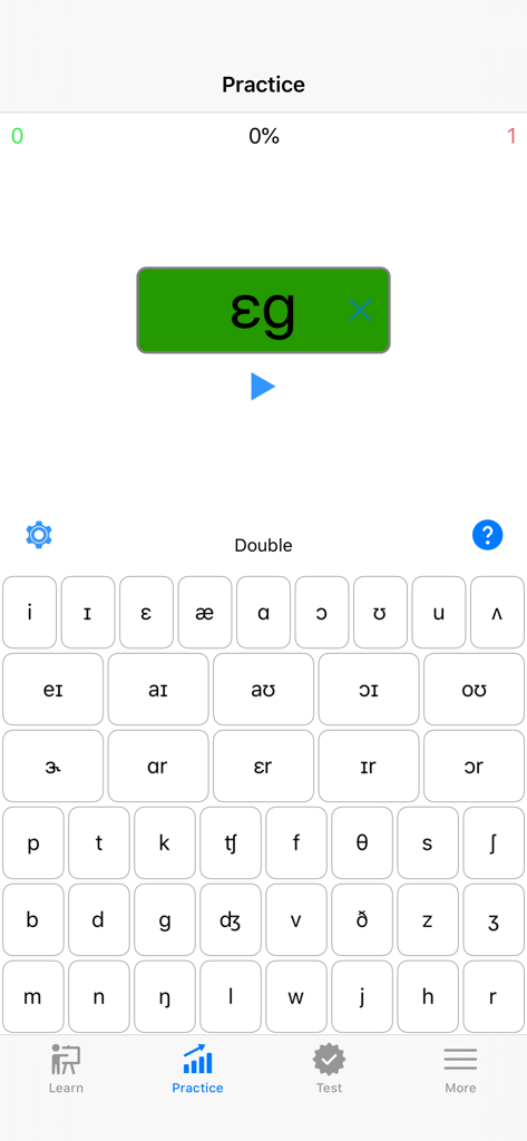 Écran d'entraînement de l'application ae Pronunciation présentant des symboles phonétiques de l'API.