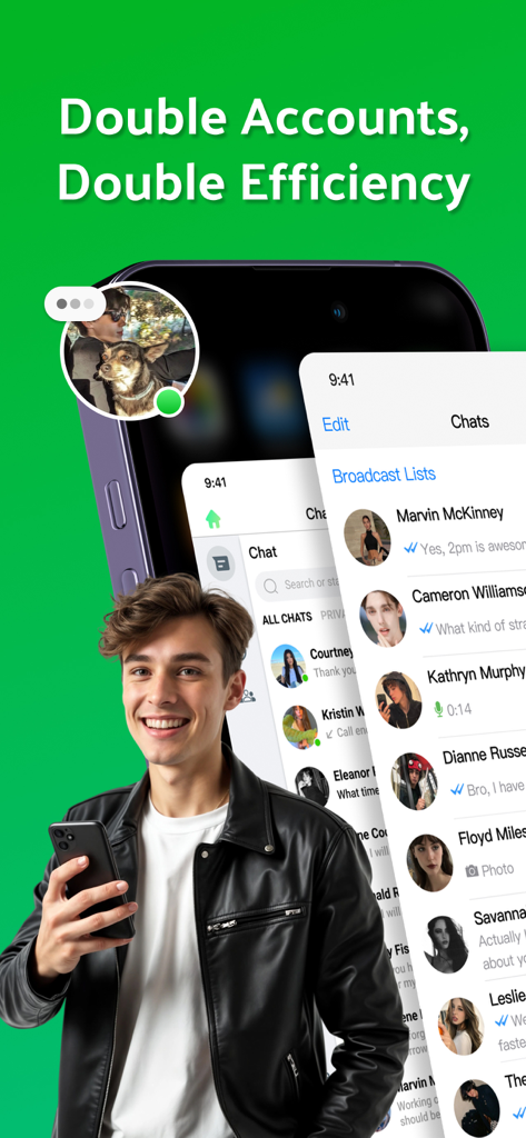 Dual Messenger-Duo Web Chatapp - A smiling professional holding a smartphone showcasing dual messenger accounts for increased efficiency