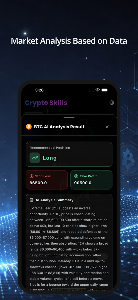 Crypto Skills: AI Signal - Crypto Skills app screen showing AI analysis and trading signals for Bitcoin