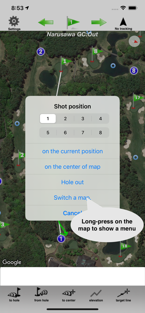Satellite map view of a golf course with a shot position menu overlay in the Golf Shot Navi app.