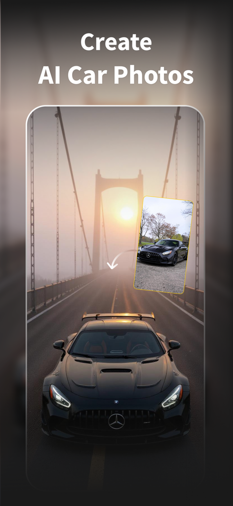 Ein kinoreifes KI-generiertes Foto eines schwarzen Sportwagens auf einer nebligen Brücke bei Sonnenuntergang mit einer Miniaturansicht des ursprünglichen Quellfotos.