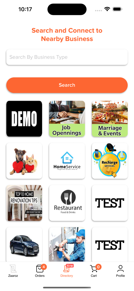 Zaaroz Food Ordering App - Écran de répertoire de l'application mobile Zaaroz avec barre de recherche et catégories pour les entreprises et services locaux