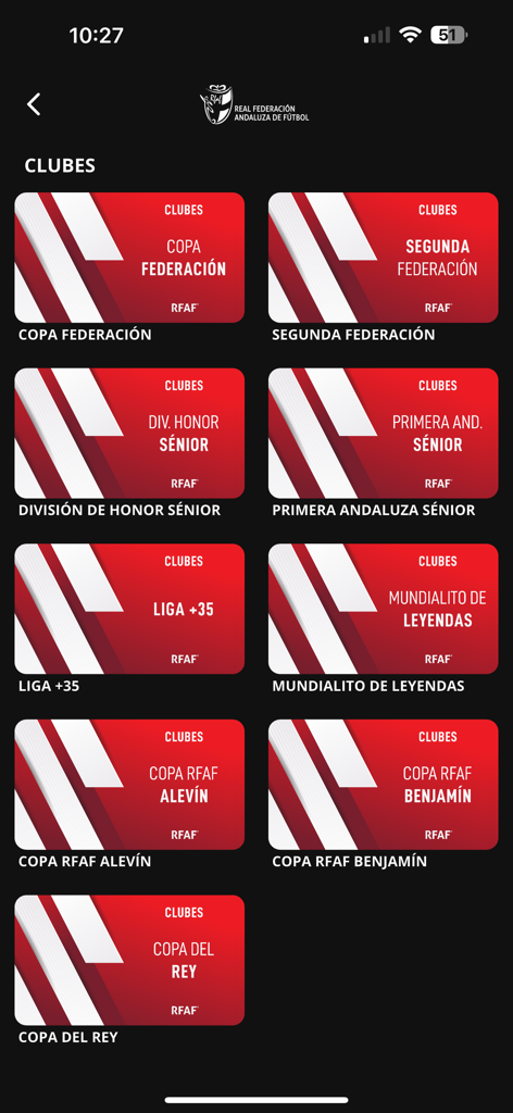 Interfaz de la aplicación RFAF TV mostrando varias ligas regionales y juveniles de fútbol.