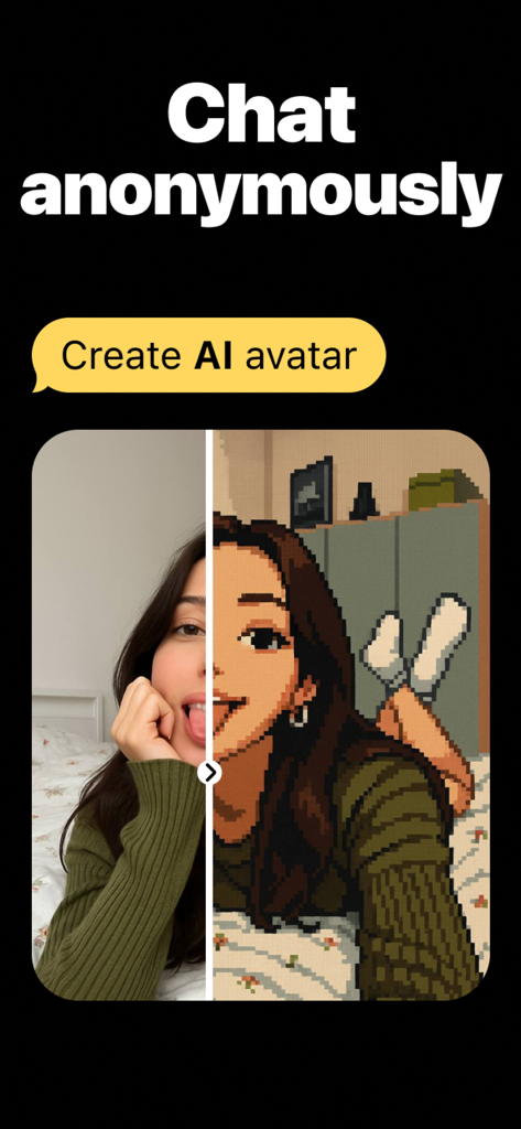 Spark: Anonymous Chat - A split-screen comparison showing a real photo of a woman and its pixelated AI avatar version for anonymous profiles.