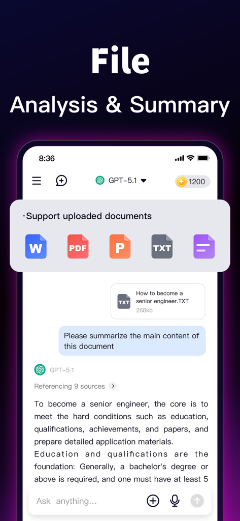 Chatbot AI Assistant - Modlib - Modlib AI assistant summarizing a TXT document on a mobile interface
