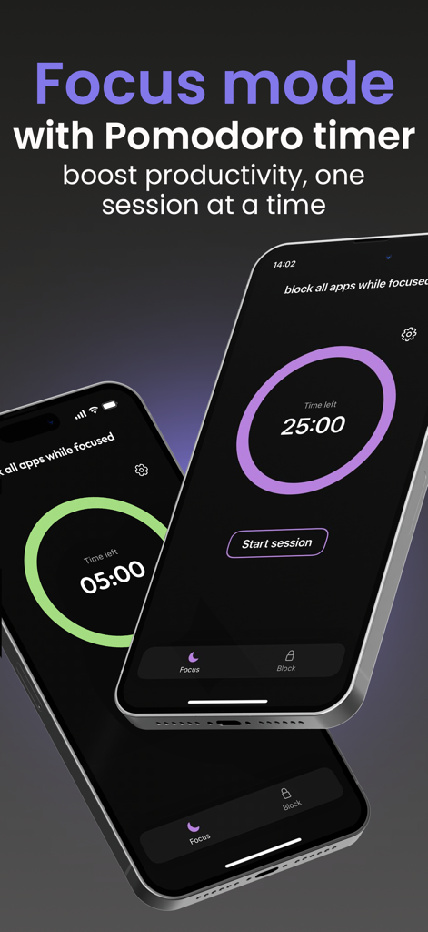 Screen Time Control - HeadUp - Captura de pantalla de la interfaz de la aplicación HeadUp mostrando un temporizador Pomodoro y modo de enfoque para mejorar la productividad.