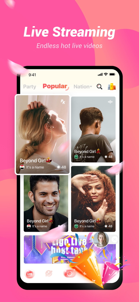 Ligo live - Ligo Live mobile app interface showcasing popular live streaming videos and streamers