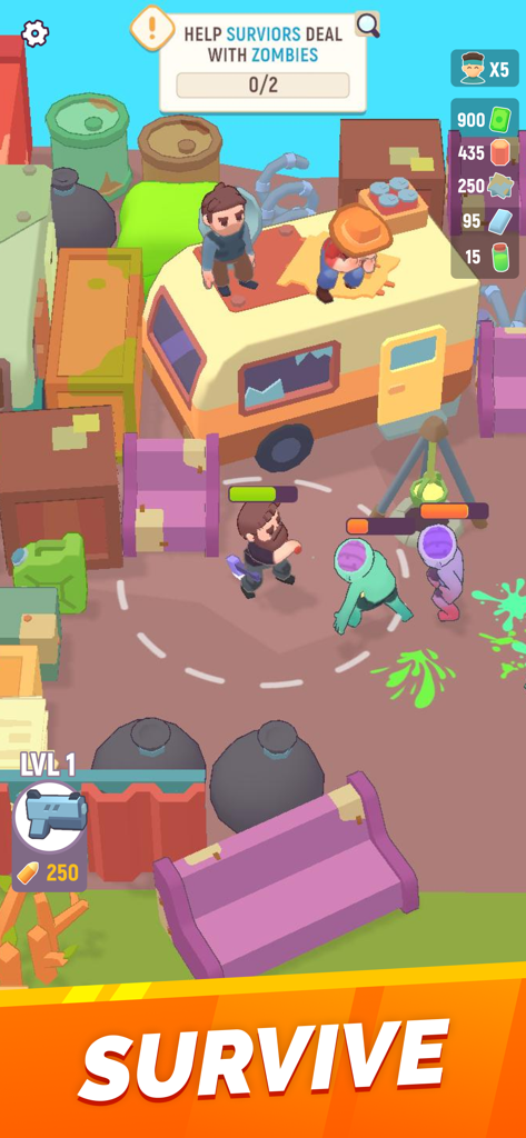 Un superviviente luchando contra dos zombis en un campamento base cerca de una caravana amarilla