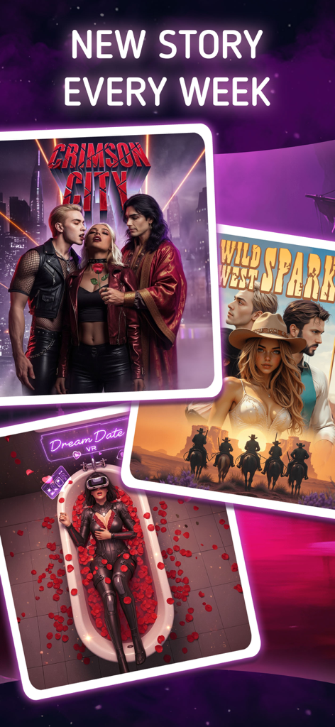 Midnight Stories: Choices Game - Promotional screen for Midnight Stories app showing various story covers including Crimson City and Wild West Sparks with text stating new story every week