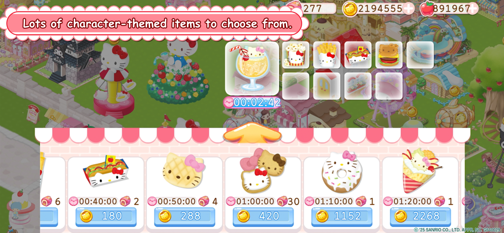 Hello Kitty World 2 - 도넛과 쿠키 등 다양한 산리오 캐릭터 테마 음식 아이템이 있는 헬로키티 월드 2 메뉴