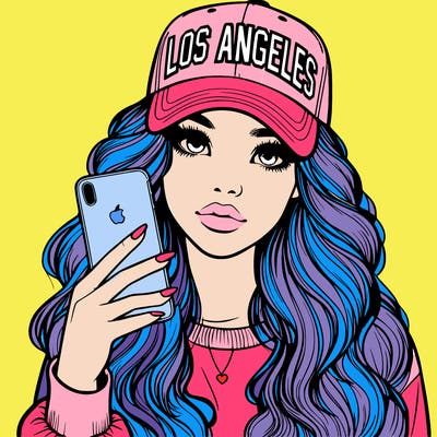 realistic beautiful girl wearing los ángeles cap holding an iphone