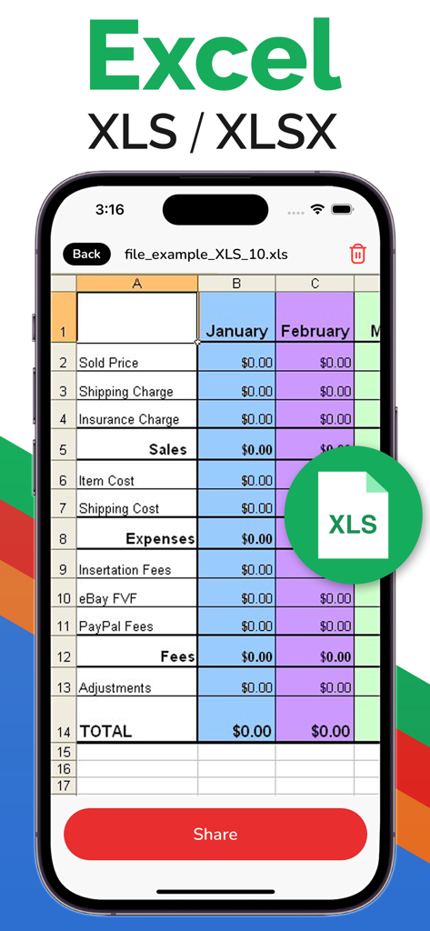 All Document Reader - Read PDF - Pantalla de iPhone mostrando una hoja de cálculo de Excel con datos financieros mensuales en una aplicación lectora de documentos