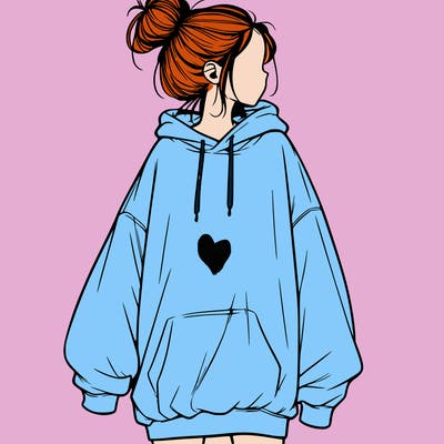 realistic girl with a oversized sweatshirt on and a bun