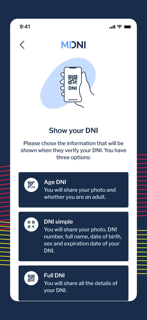 Pantalla de la app MiDNI mostrando opciones para compartir diferentes niveles de información del DNI español, como la edad o detalles completos