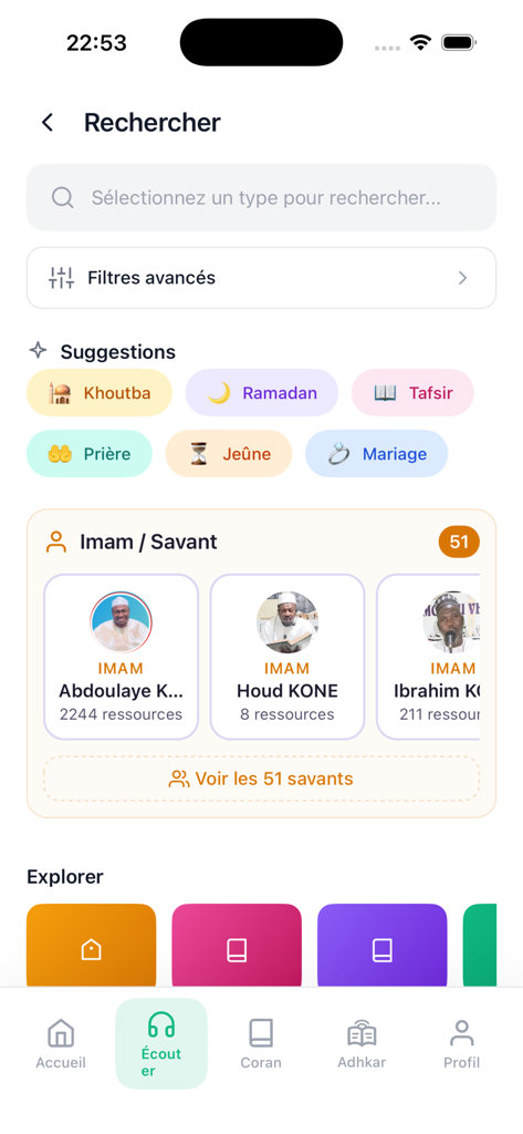 DeenCast - Search screen of the DeenCast app featuring Islamic scholars and religious topic suggestions