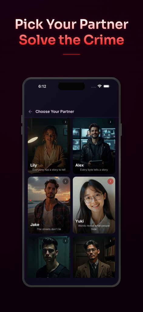 Mystery Lab: Case Files - Interface para escolher um parceiro detetive entre vários personagens de IA no aplicativo Mystery Lab