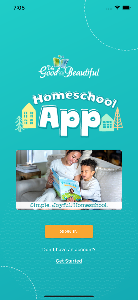 Homeschool: Good & Beautiful - Écran d'accueil de l'application Homeschool Good and Beautiful montrant une mère et un enfant lisant un cahier de maternelle