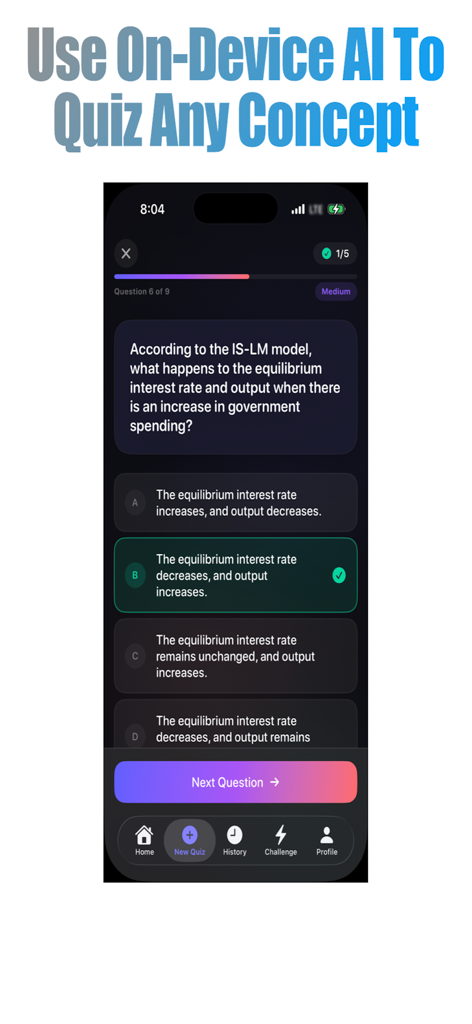 Study Quizzer - Interface of Study Quizzer app showing an AI generated multiple choice question about economics in dark mode.
