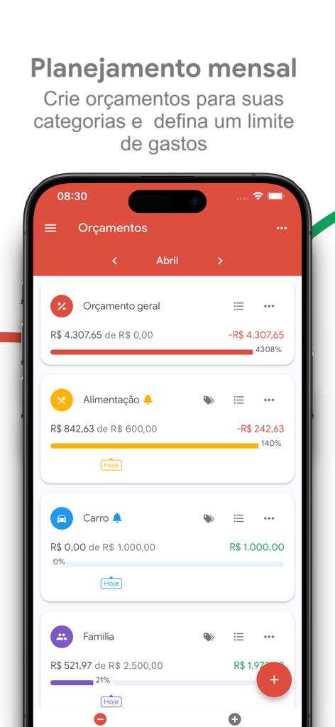Panel de seguimiento de presupuesto mensual que muestra categorías y barras de progreso de gastos